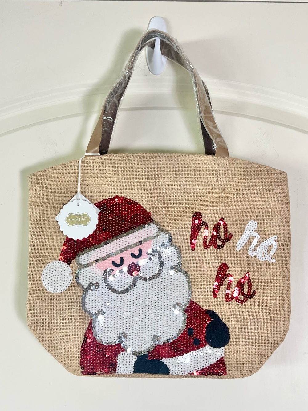 Mud Pie Santa Dazzle Jute Tote Bag Christmas Sequin Burlap and Leather